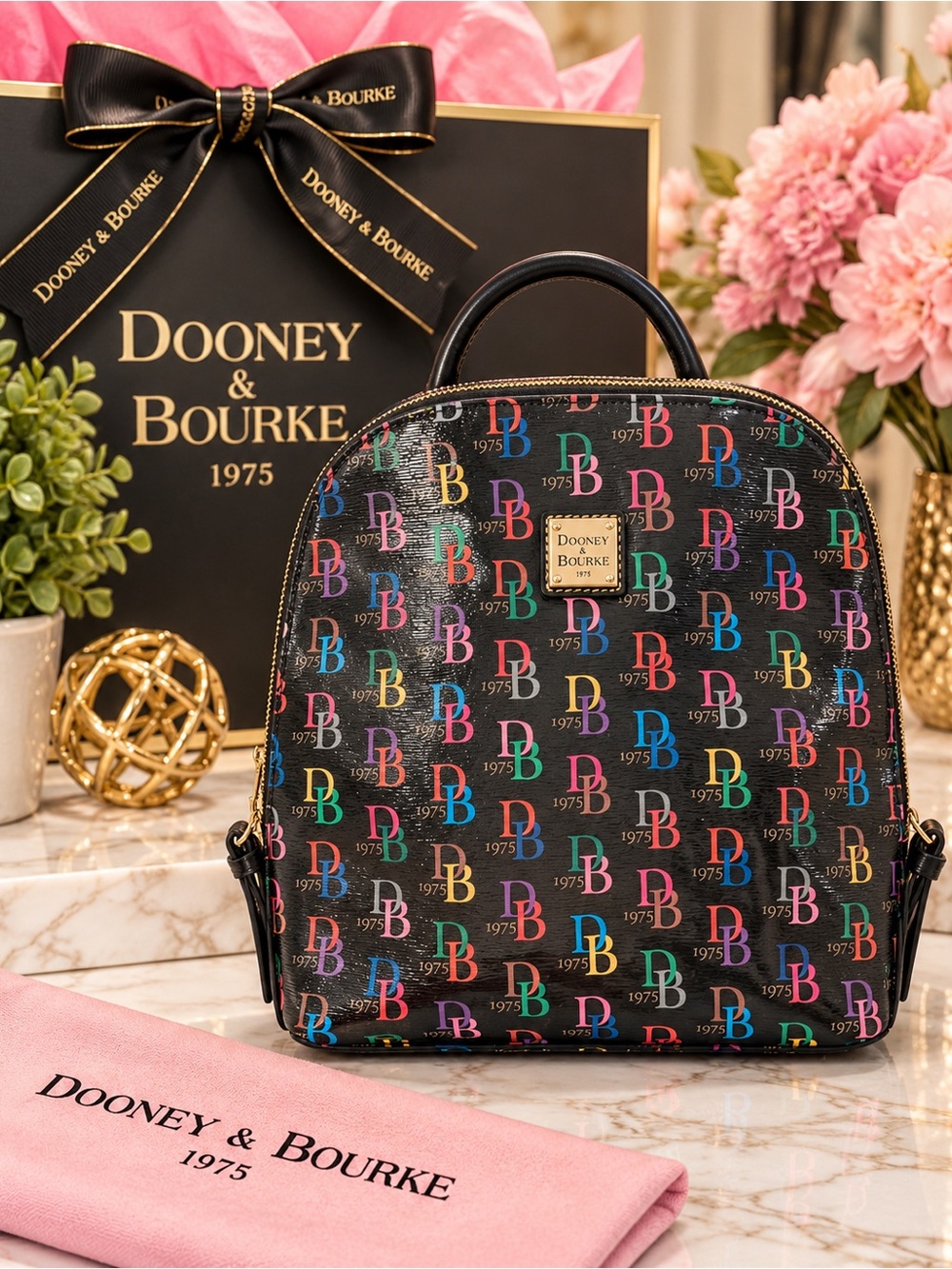 Dooney & Bourke Black Multicolor DB Logo Dome Backpack                 🩷🖤💚🩵❤️💛💜